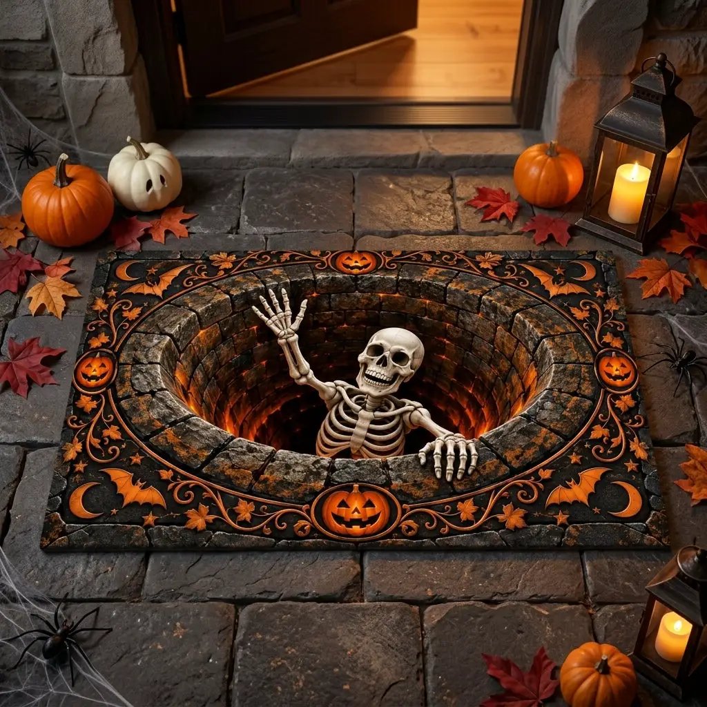 Skeleton Halloween 3D Doormat, Skeleton Pit Illusion Door Mat, Spooky Halloween Welcome Mat, Pumpkin Gothic Porch Decor