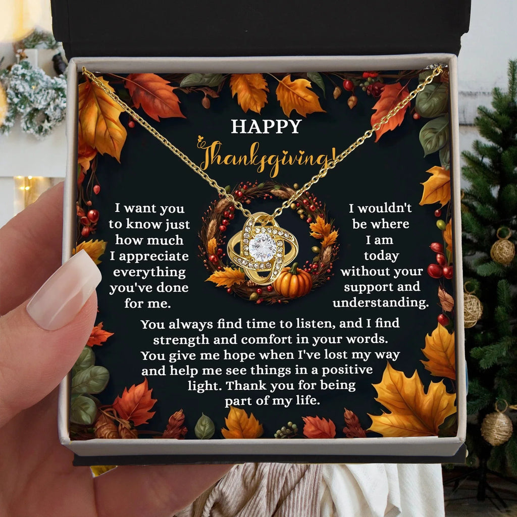 Happy Thanksgiving Love Knot Necklace Gift | Appreciation Message Card for Someone Special | Heartfelt Fall Holiday Jewelry Gift