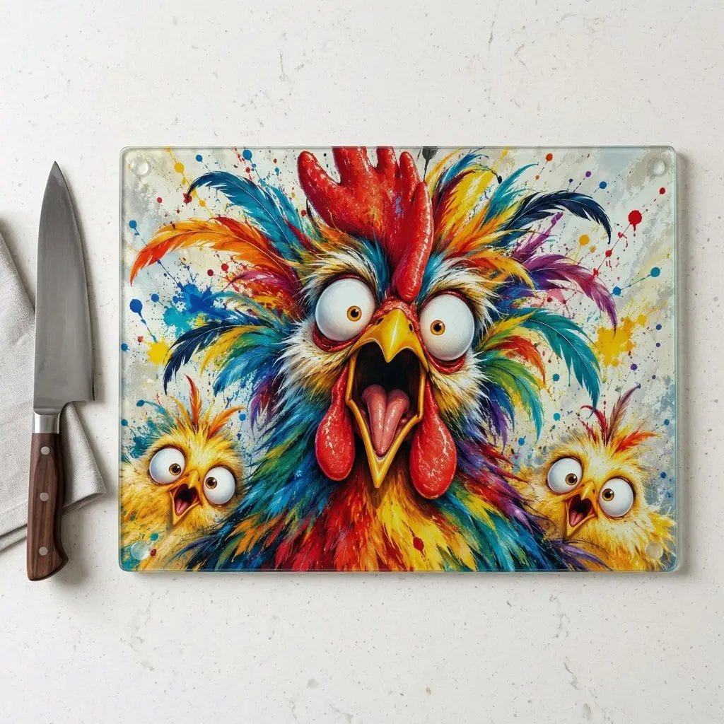 Rainbow Rooster Cutting Board, Funny Screaming Chicken Kitchen Decor, Colorful Rooster Gift, Chicken Lover Farmhouse Decor