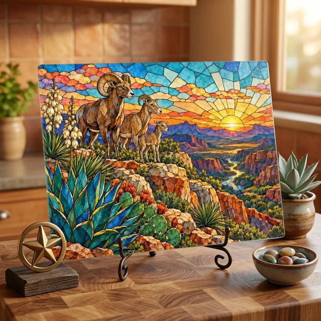 Bighorn Sheep Glass Cutting Board, Texas Wildlife Kitchen Decor, Stained Glass Desert Landscape, Southwestern Cutting Board, Wildlife Gift
