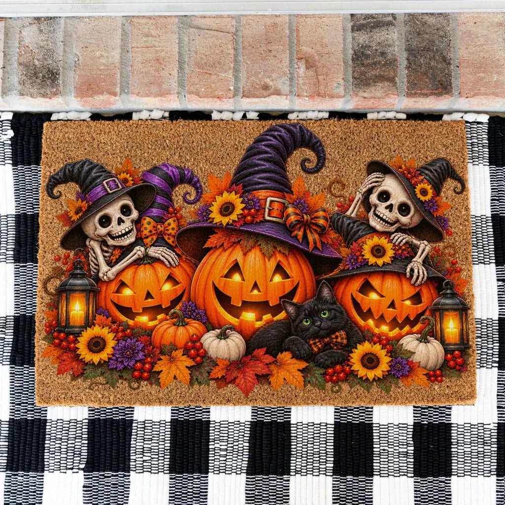 Halloween Skeleton Doormat, Jack O Lantern Coir Mat, Skeleton & Black Cat Welcome Mat, Spooky Fall Porch Decor, Halloween Door Mat