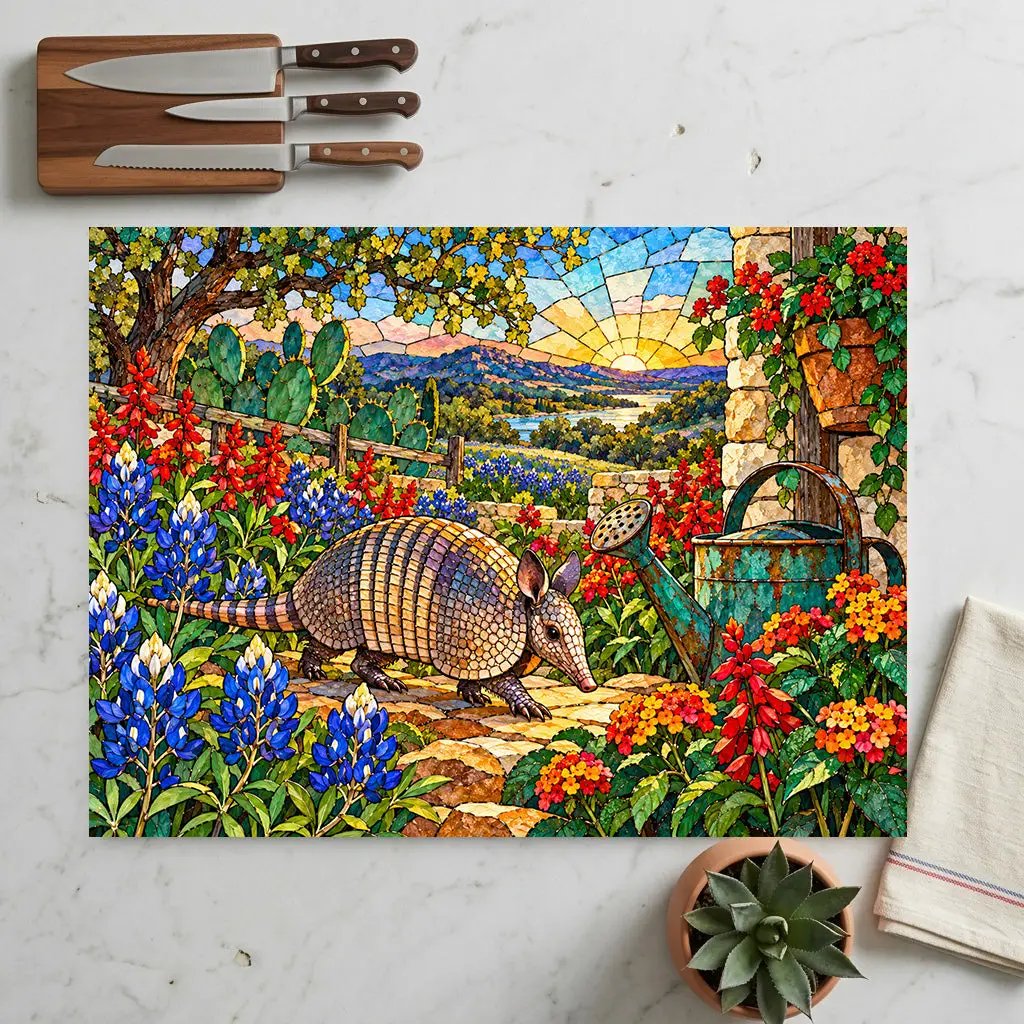 Texas Armadillo Glass Cutting Board, Stained Glass Bluebonnet Kitchen Decor, Colorful Lone Star State Gift