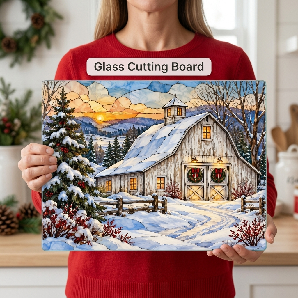 White Barn Glass Cutting Board, Christmas Farmhouse Decor, Winter Country Kitchen, Rustic Holiday Gift, Snowy Barn Christmas Decor