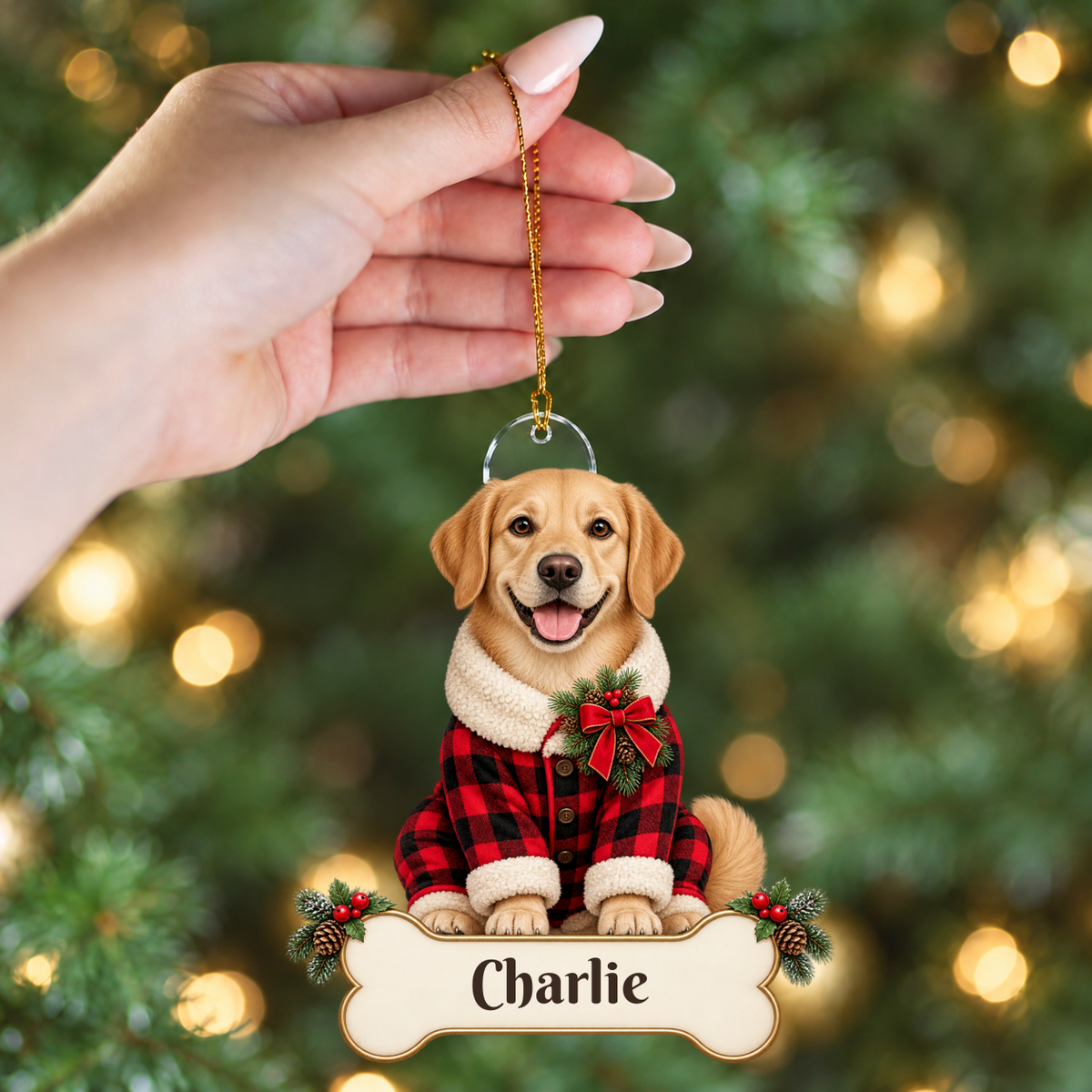 Personalized Dog Buffalo Plaid Pajamas Christmas Ornament from Photo, Custom Pet Portrait Acrylic Ornament, Rustic Holiday Dog Lover Gift