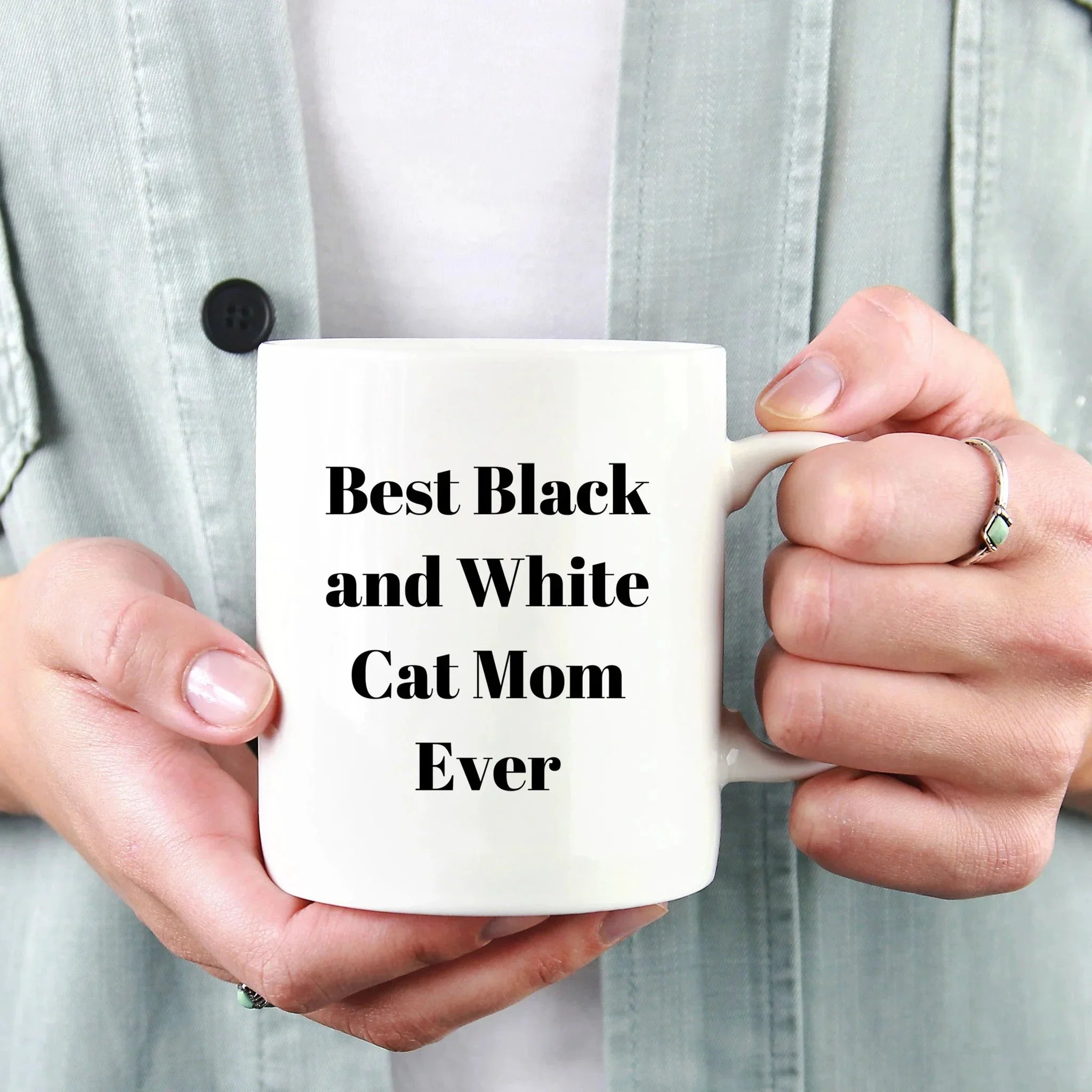 Funny Black and White Cat Mom Gifts for Mother's Day Unique White Coffee Mug, 'Best Black And White Cat Mom Ever'