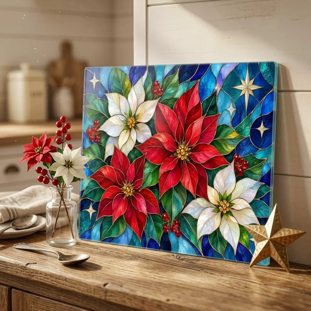 Christmas Poinsettia Glass Cutting Board, Stained Glass Floral Kitchen Decor, Holiday Serving Board, Festive Christmas Kitchen Gift