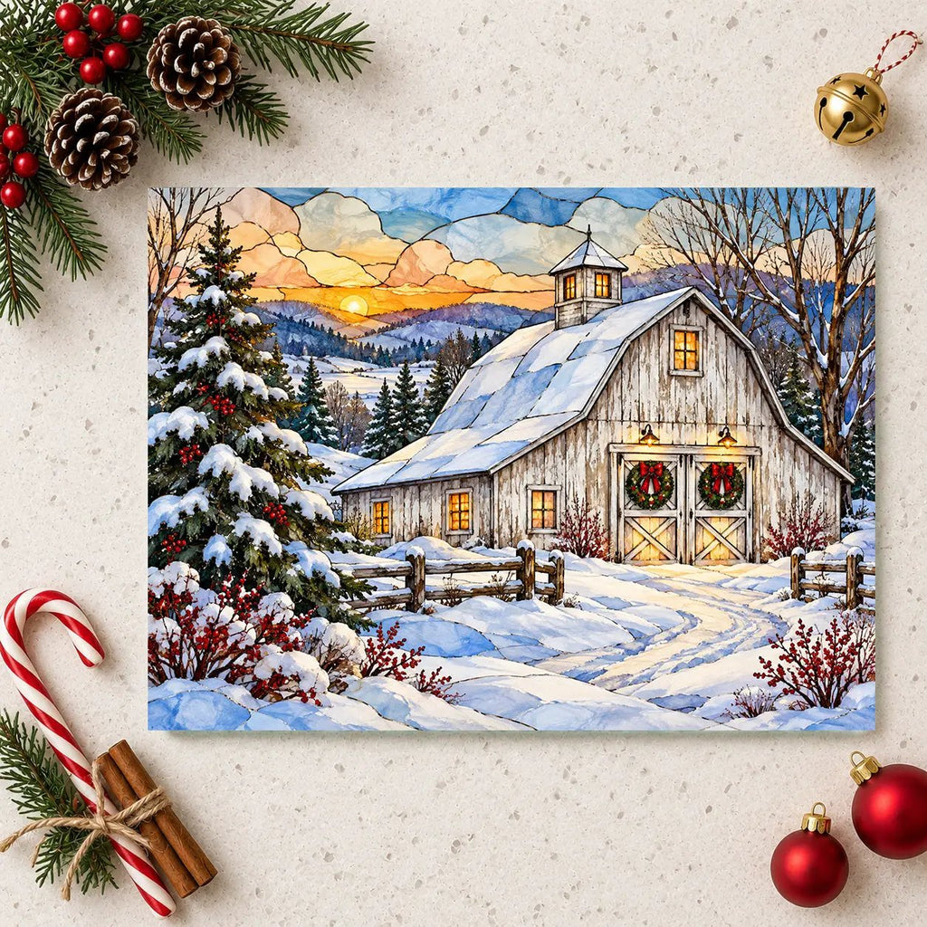 White Barn Glass Cutting Board, Christmas Farmhouse Decor, Winter Country Kitchen, Rustic Holiday Gift, Snowy Barn Christmas Decor