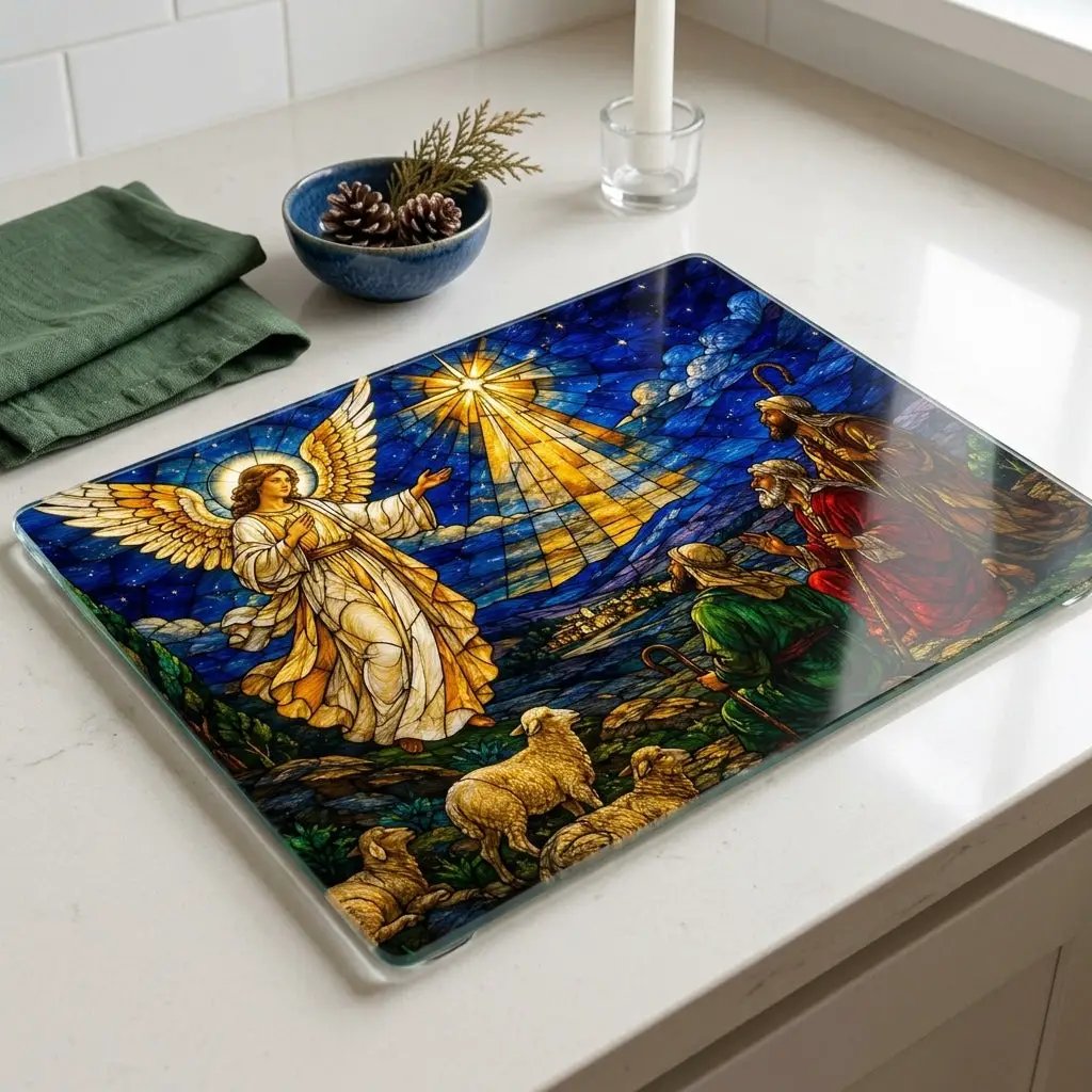Angel and Shepherds Glass Cutting Board, Christian Christmas Gift, Nativity Kitchen Decor, Religious Christmas Decor, Stained Glass Art