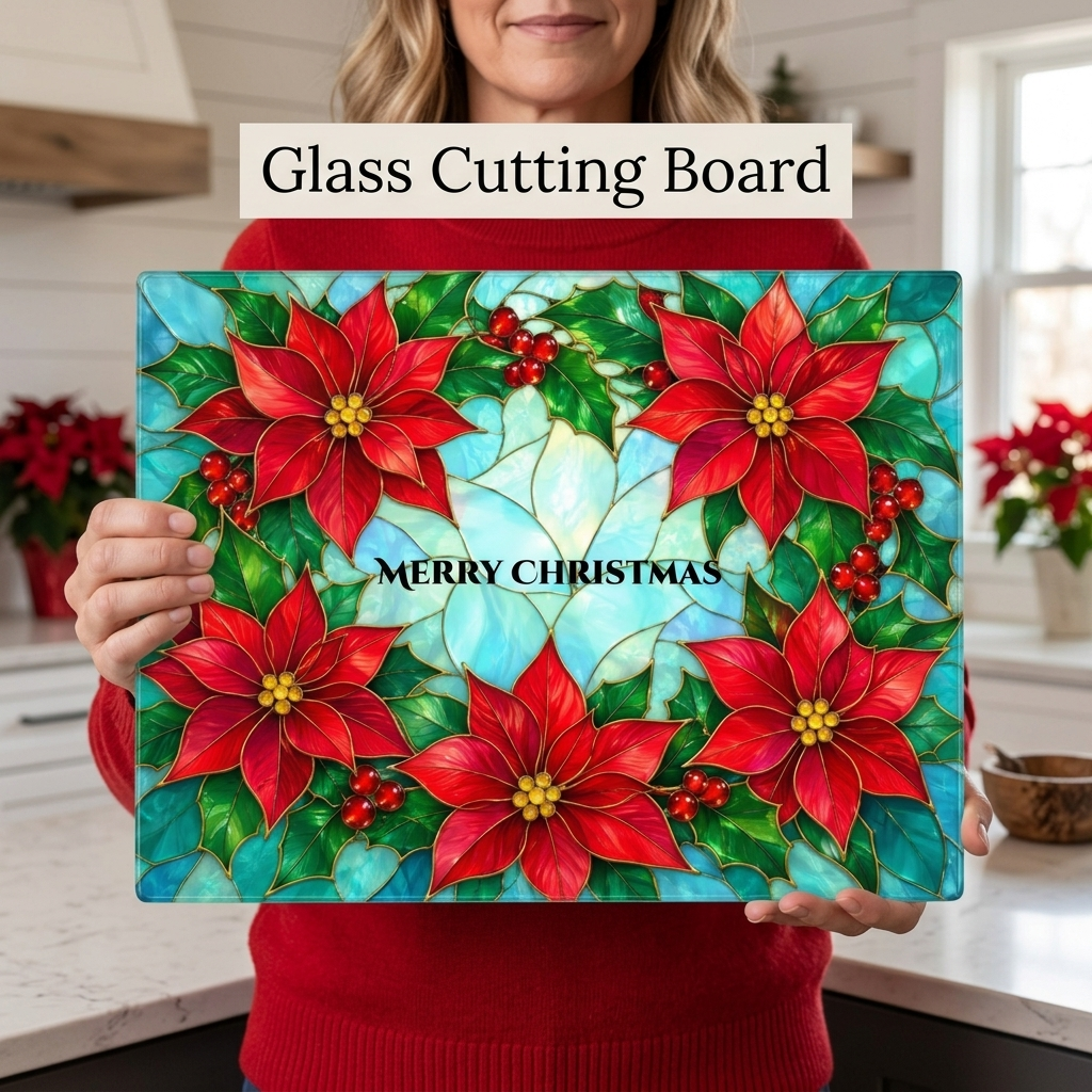Poinsettia Glass Cutting Board, Christmas Kitchen Decor, Stained Glass Holiday Floral Chopping Board, Festive Hostess Gift for Home Cooks