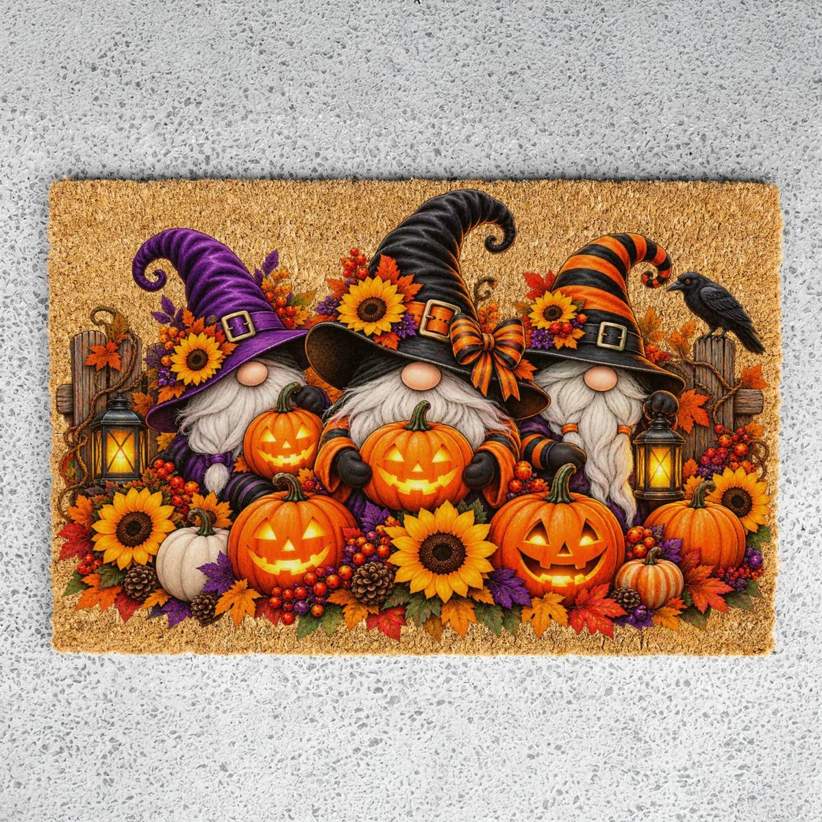 Halloween Gnome Doormat, Witch Gnomes & Pumpkins Coir Mat, Cute Spooky Fall Welcome Mat, Halloween Porch Decor, Autumn Door Mat
