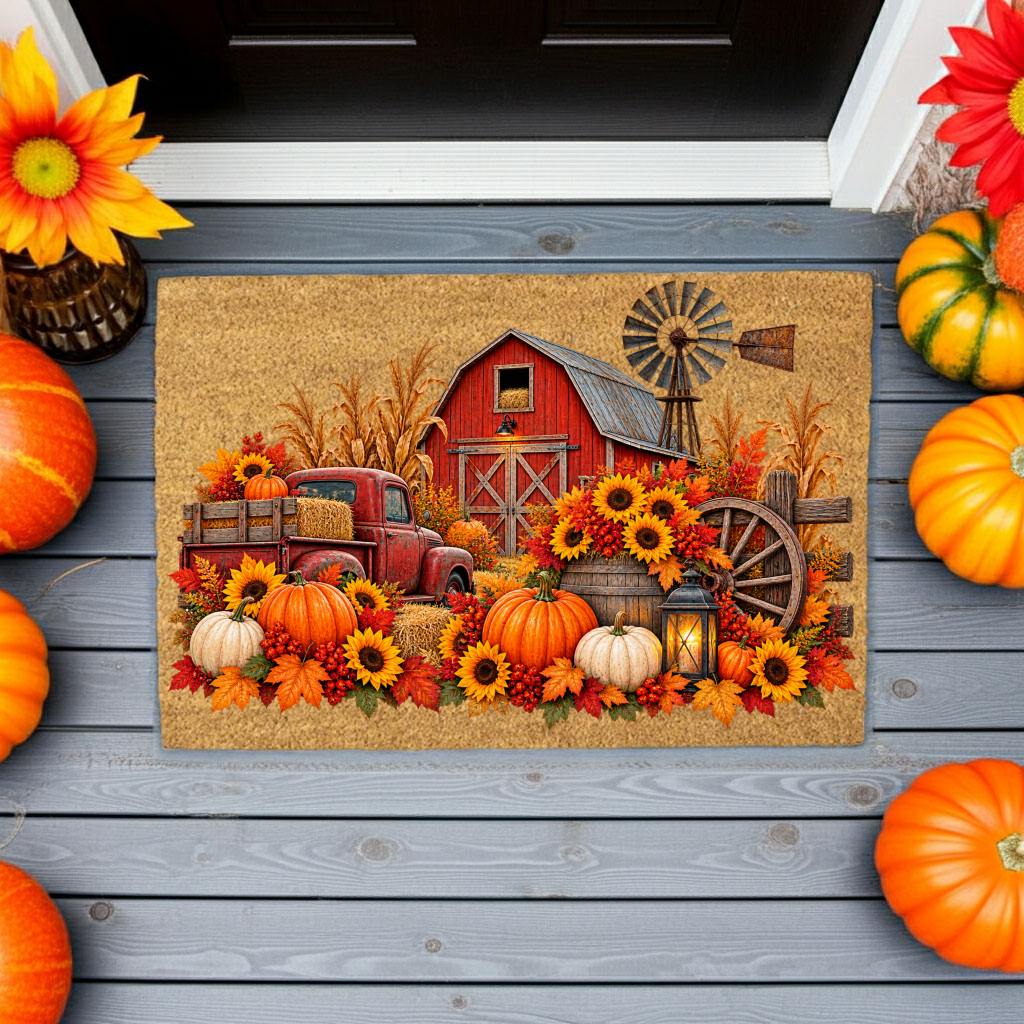 Fall Farmhouse Doormat, Country Barn Coir Mat, Pumpkin Harvest Welcome Mat, Rustic Autumn Porch Decor, Farmhouse Fall Door Mat