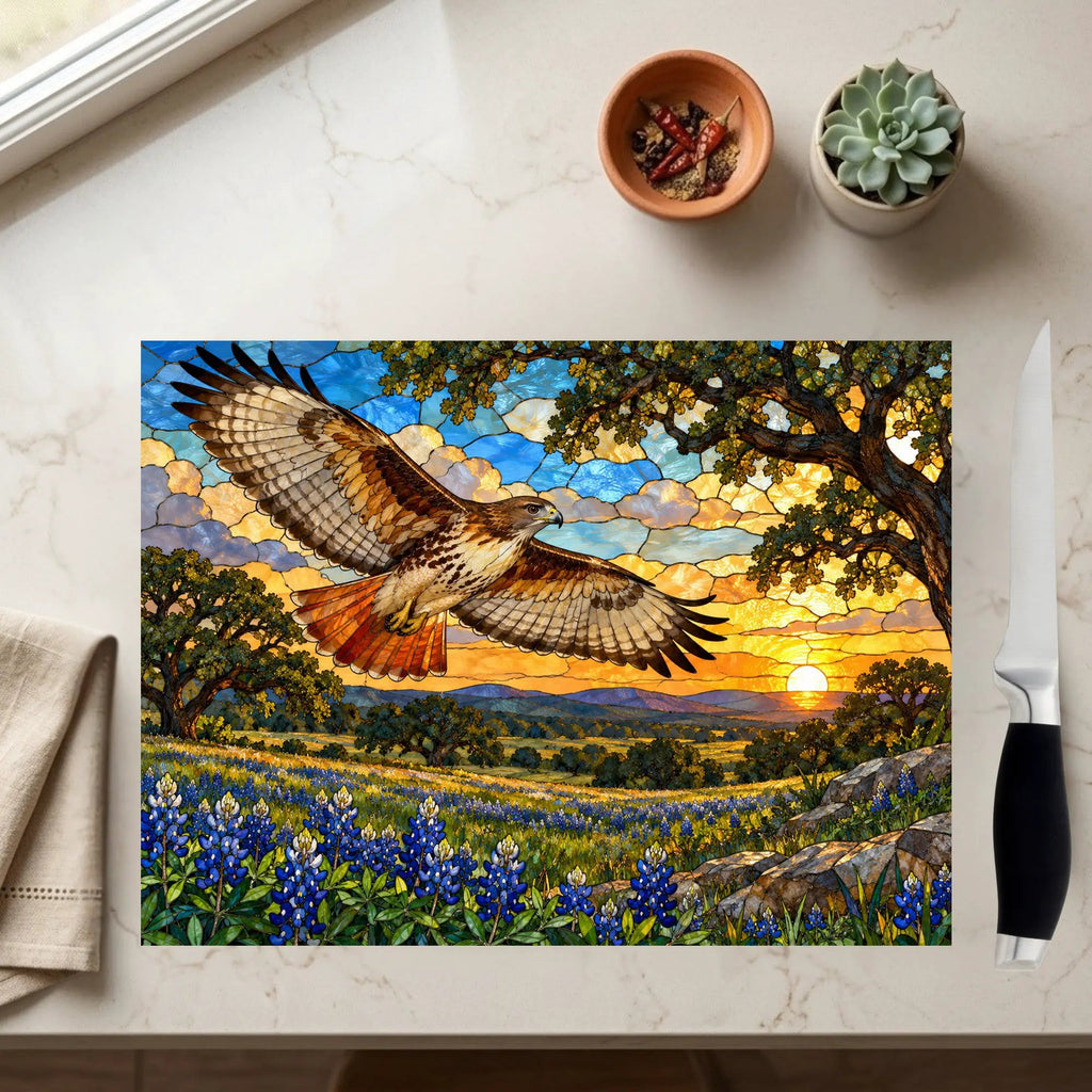 Red-Tailed Hawk Glass Cutting Board, Wildlife Kitchen Decor, Bird Lover Gift, Scenic Sunset Countryside Chopping Board, Nature Home Accent