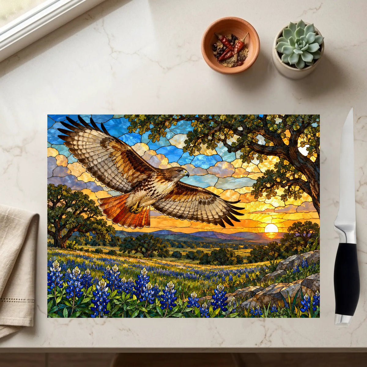 Red-Tailed Hawk Glass Cutting Board, Wildlife Kitchen Decor, Bird Lover Gift, Scenic Sunset Countryside Chopping Board, Nature Home Accent