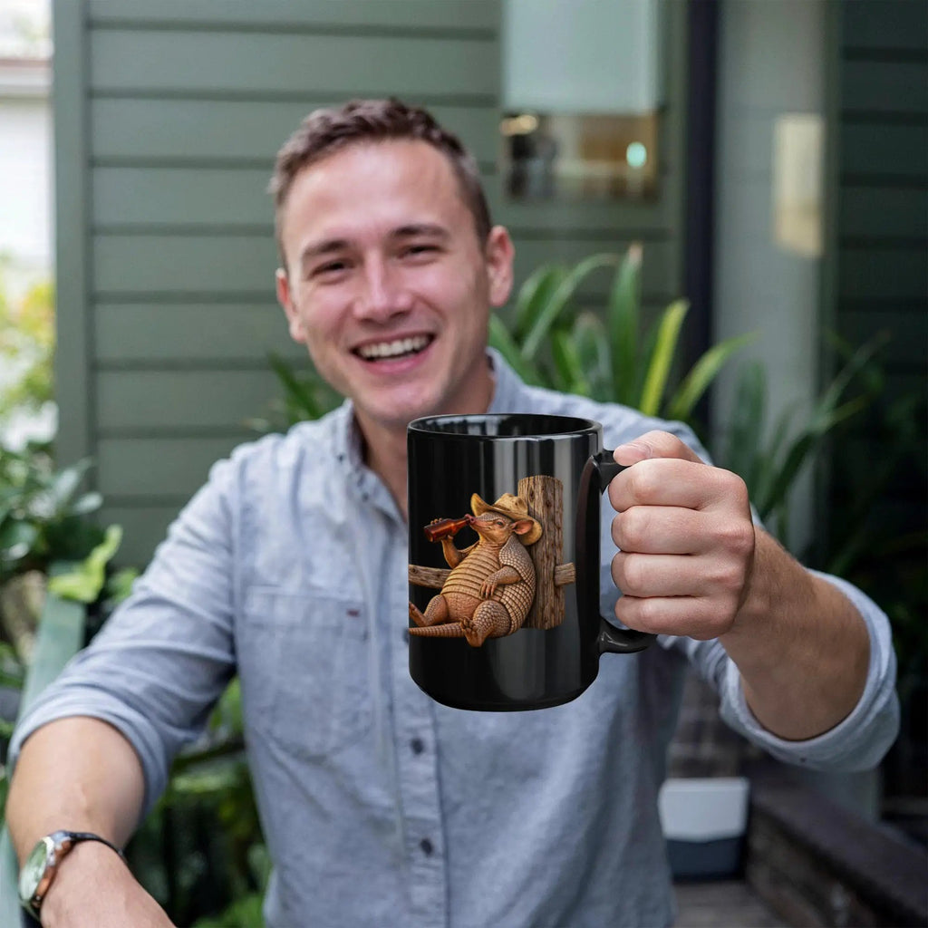 Funny Armadillo Black Coffee Mug, Texas Cowboy Mug, Beer Drinking Armadillo Gift, Western Coffee Cup, Funny Texas Gift for Him