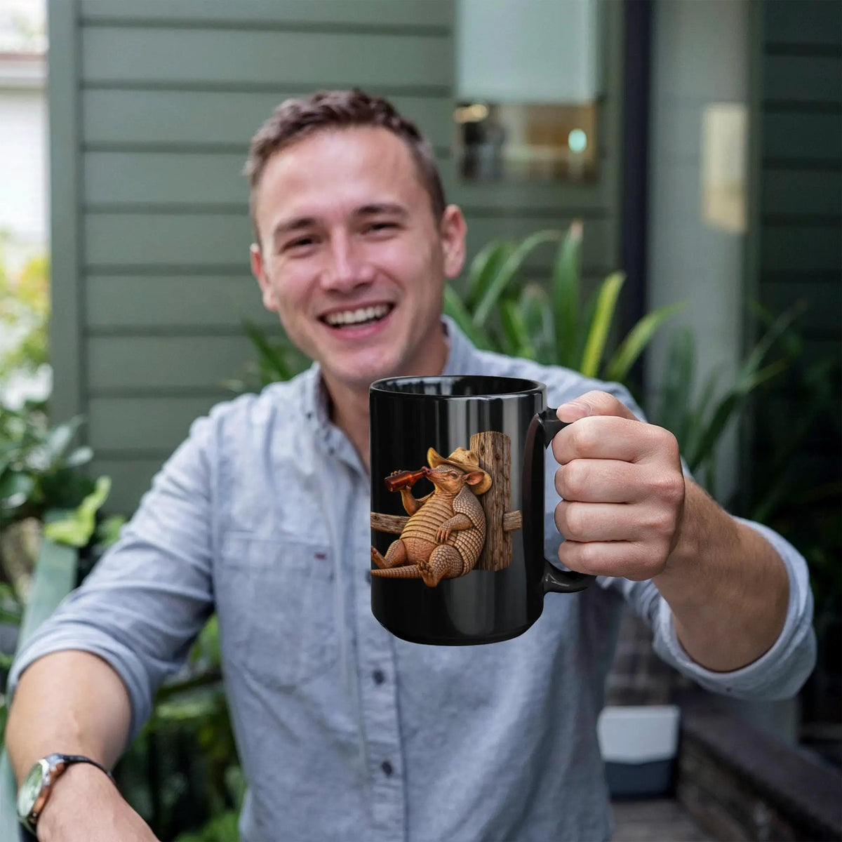 Funny Armadillo Black Coffee Mug, Texas Cowboy Mug, Beer Drinking Armadillo Gift, Western Coffee Cup, Funny Texas Gift for Him