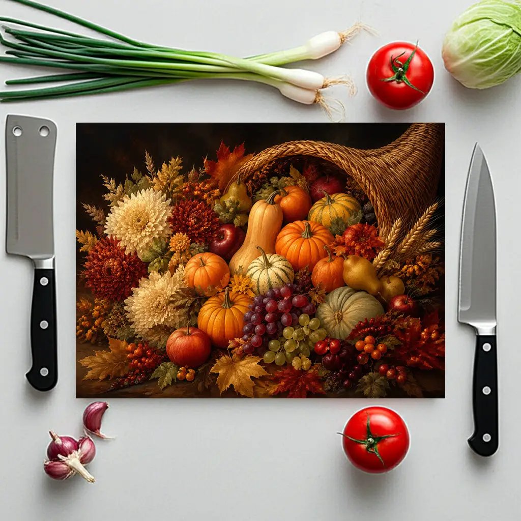 Cornucopia Glass Cutting Board, Thanksgiving Kitchen Decor, Fall Harvest Cutting Board, Autumn Hostess Gift
