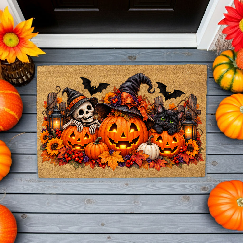Halloween Doormat, Pumpkin Cat Skeleton Coir Mat, Spooky Fall Welcome Mat, Witch Pumpkin Door Mat, Halloween Porch Decor