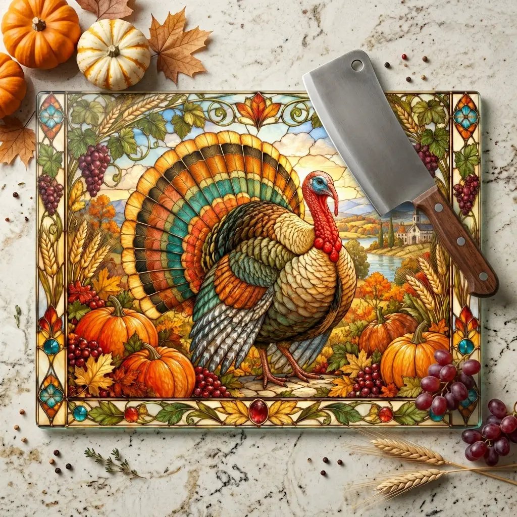 Thanksgiving Turkey Glass Cutting Board, Stained Glass Harvest Kitchen Decor, Fall Turkey Chopping Board, Country Thanksgiving Gift