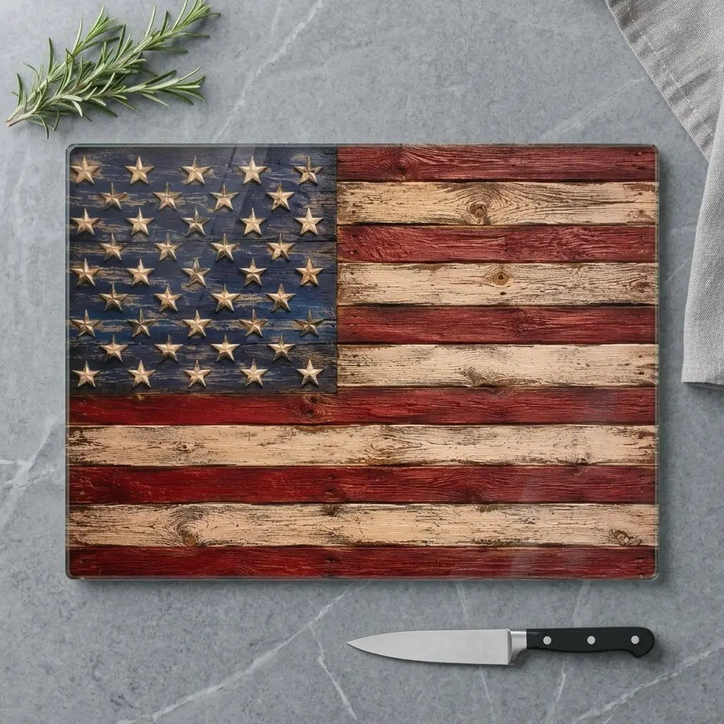 Rustic American Flag Cutting Board, Patriotic Glass Cutting Board, Farmhouse Kitchen Decor, Americana Gift, Vintage USA Flag Decor