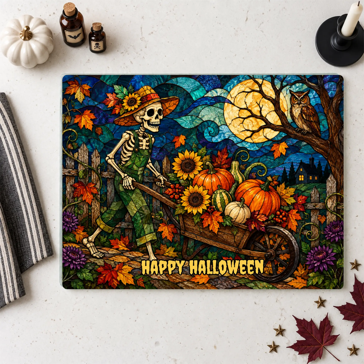 Halloween Personalized Glass Cutting Board, Spooky Pumpkin Farmhouse Kitchen Decor