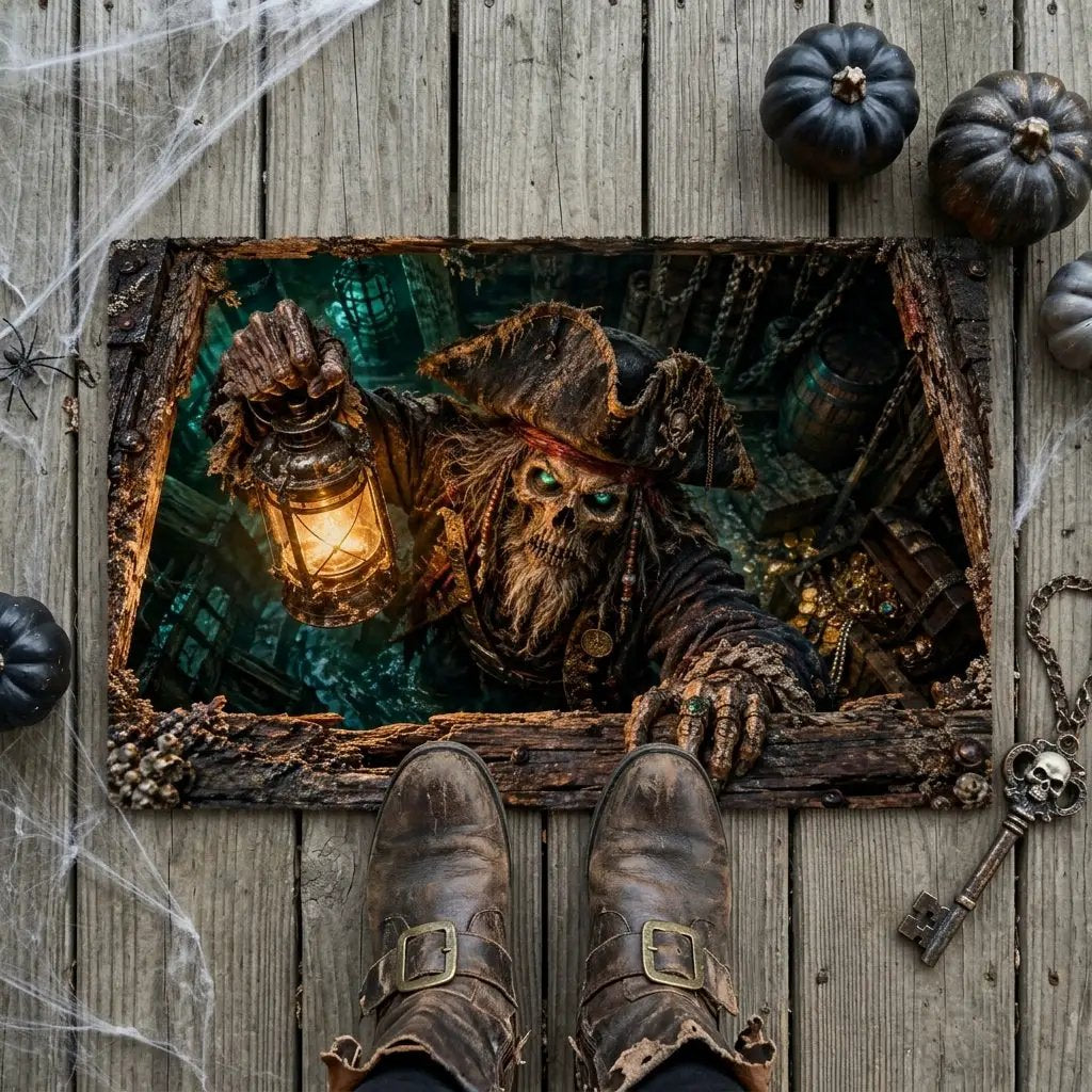 Pirate Doormat, Ghost Ship 3D Optical Illusion Door Mat, Haunted Pirate Halloween Mat, Skeleton Pirate Porch Decor, Spooky Welcome Mat