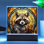 Raccoon Stained Glass Acrylic LED Light Plaque – Custom Animal Art Gift with Wooden Base