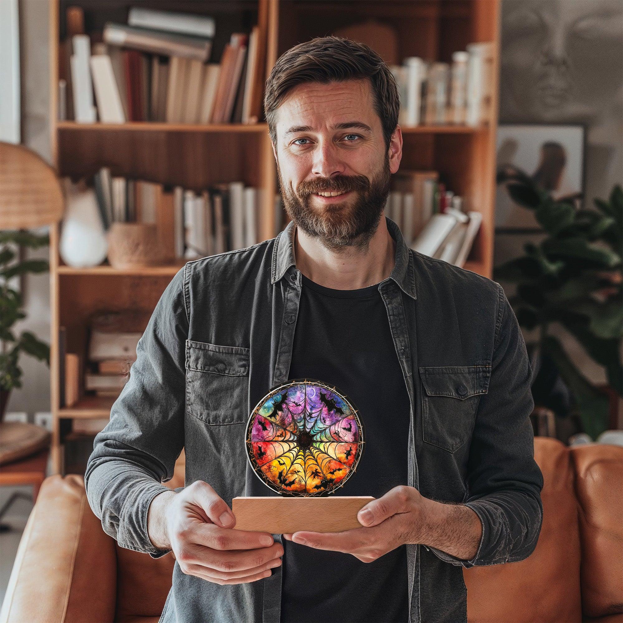 Spooky Halloween Decor Round Acrylic Plaque with Lighted LED Wooden Base - Mallard Moon Gift Shop