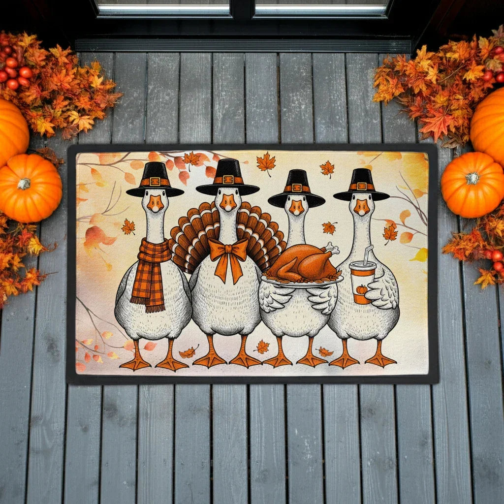 Thanksgiving Goose Family Doormat – Funny Fall Welcome Mat with Pilgrim Geese, Turkey, and Pumpkin Latte – Autumn Front Porch Décor