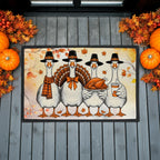 Thanksgiving Goose Family Doormat – Funny Fall Welcome Mat with Pilgrim Geese, Turkey, and Pumpkin Latte – Autumn Front Porch Décor
