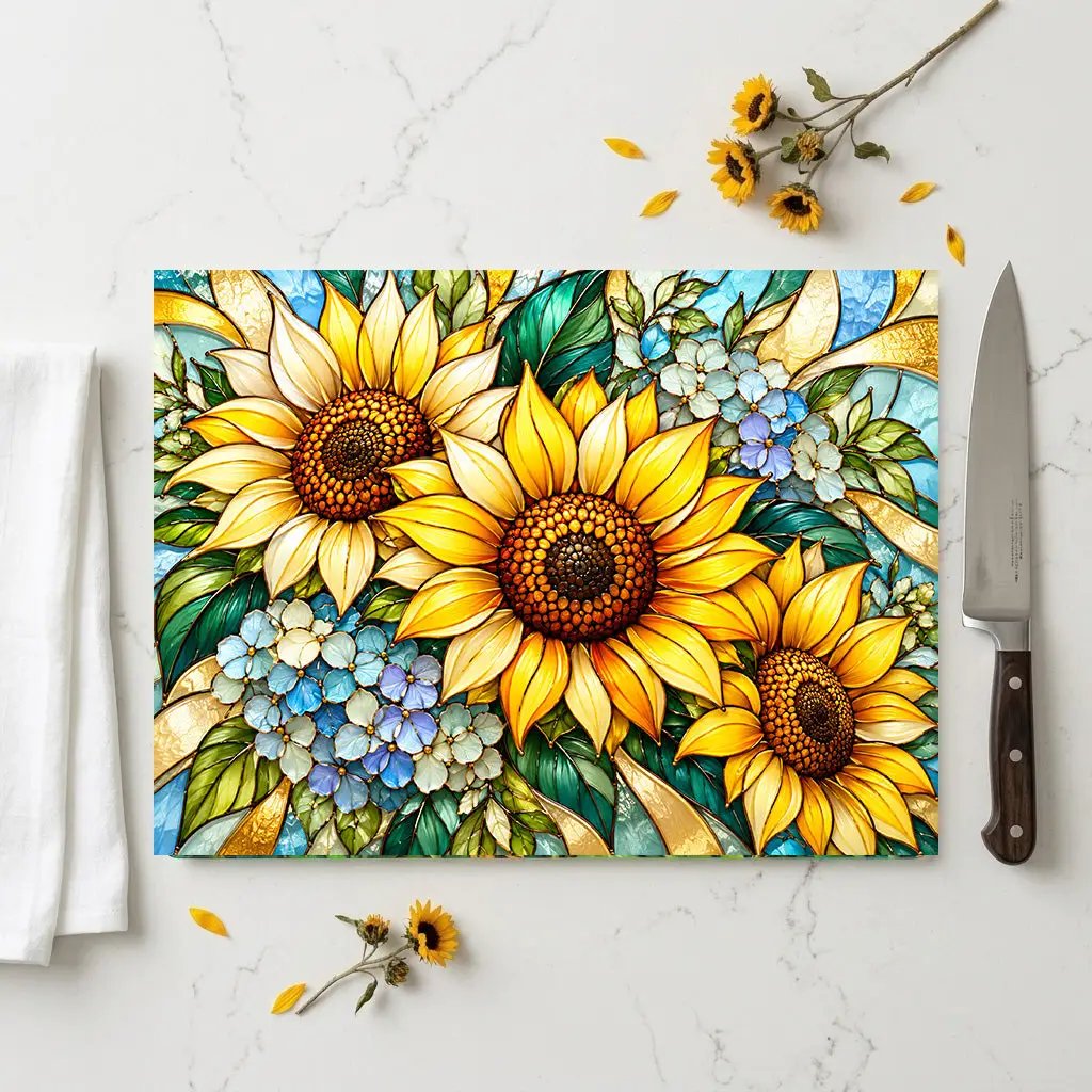 Sunflower Glass Cutting Board, Blue Hydrangea Kitchen Decor, Yellow Floral Cutting Board, Flower Lover Gift, Stained Glass Kitchen Art