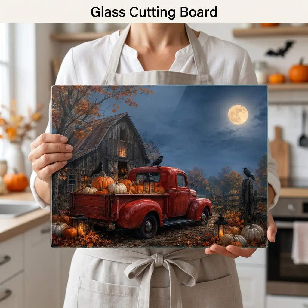 Halloween Glass Cutting Board, Red Vintage Truck with Pumpkins, Spooky Farmhouse Kitchen Decor, Rustic Halloween Gift