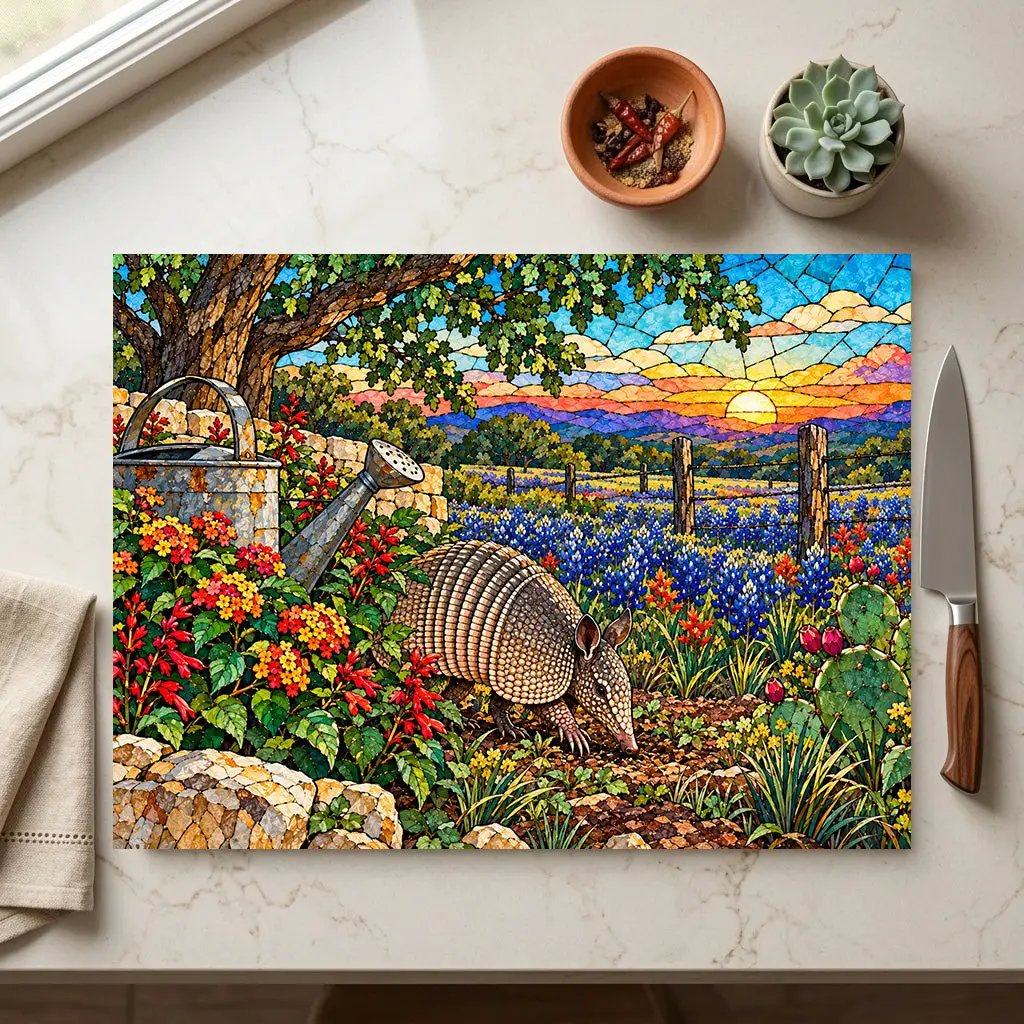 Texas Armadillo Glass Cutting Board, Bluebonnet Kitchen Decor, Stained Glass Style Texas Wildlife Gift, Country Garden Housewarming Gift