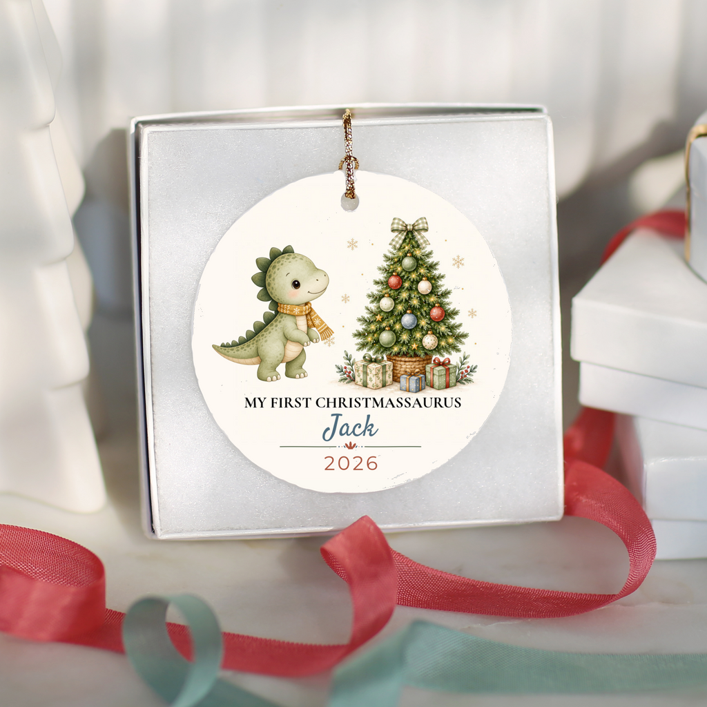 Personalized Dinosaur Christmas Ornament, Baby Boy 1st 2nd 3rd Christmas, Custom Name Year, Christmassaurus Ceramic Keepsake