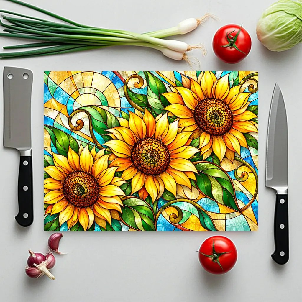 Sunflower Glass Cutting Board, Farmhouse Kitchen Decor, Country Sunflower Chopping Board, Stained Glass Floral Gift, Housewarming Gift