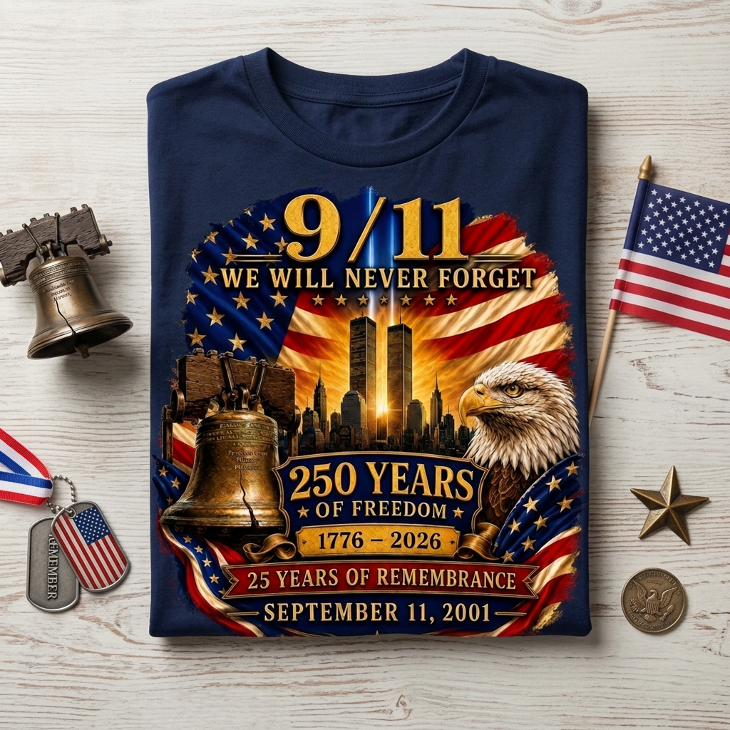 9/11 Memorial Shirt 25th Anniversary, Never Forget T-Shirt, 250 Years of Freedom 1776-2026, September 11 Remembrance Patriotic Tee