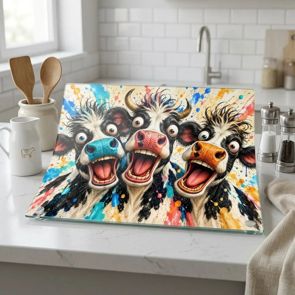 Funny Screaming Cow Glass Cutting Board, Colorful Cow Kitchen Decor, Cow Lover Gift, Funny Farmhouse Gift