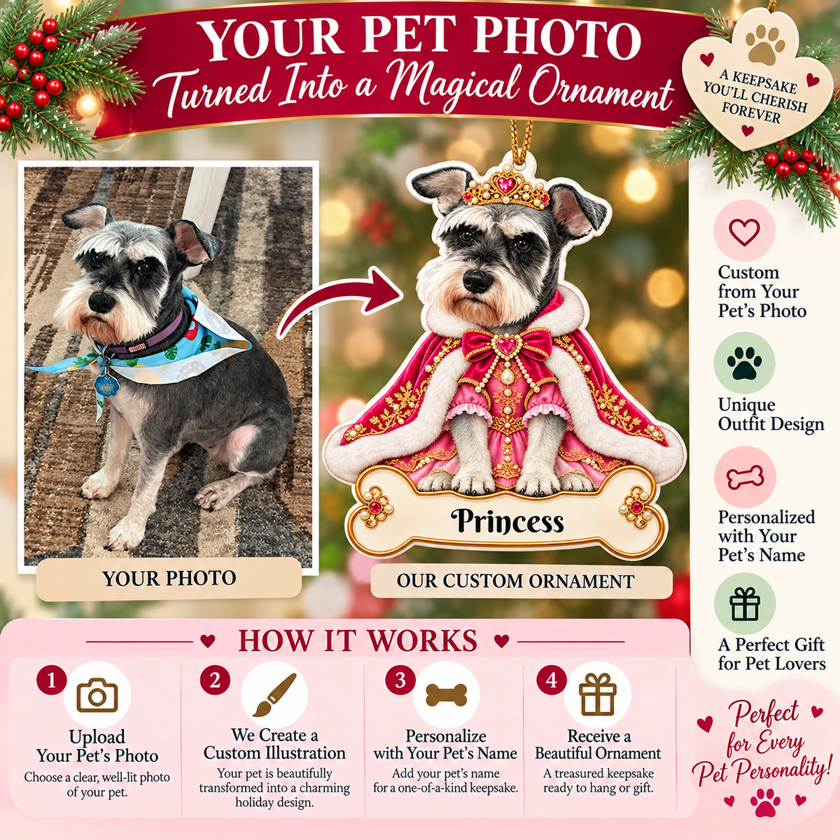 Personalized Princess Dog Ornament from Photo, Custom Pet Portrait Acrylic Cutout, Pink Royal Puppy Christmas Ornament, Dog Mom Gift