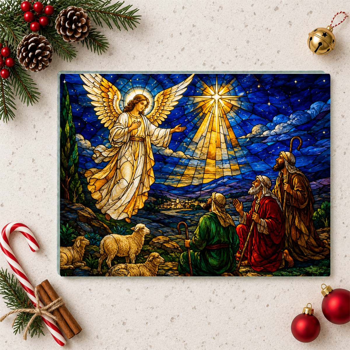 Angel and Shepherds Glass Cutting Board, Christian Christmas Gift, Nativity Kitchen Decor, Religious Christmas Decor, Stained Glass Art