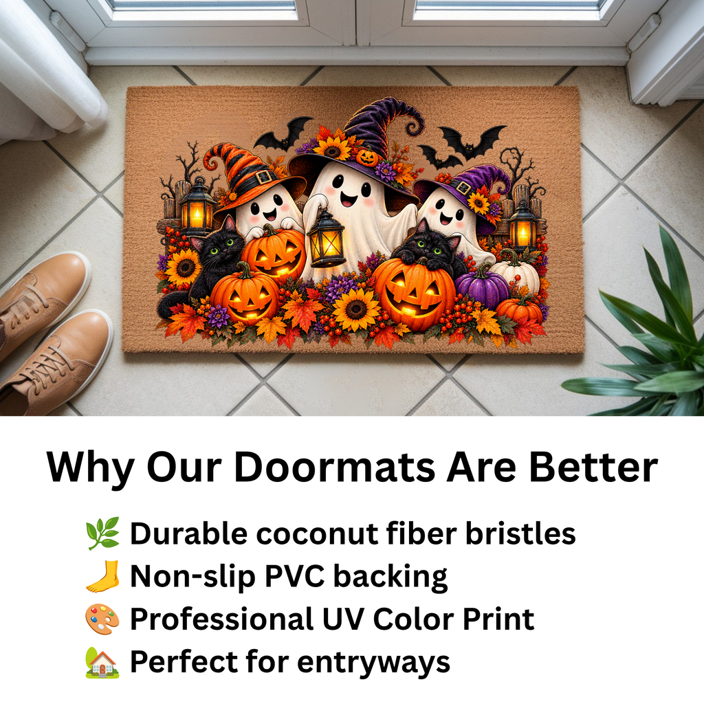 Halloween Ghost Doormat, Black Cat & Pumpkin Coir Mat, Cute Spooky Welcome Mat, Witch Ghost Fall Porch Decor, Halloween Door Mat