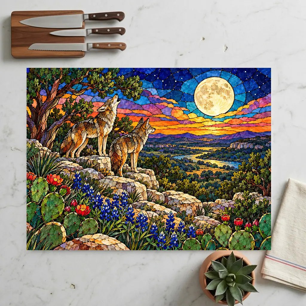 Texas Coyote Glass Cutting Board, Call of the Wild Moonlight Decor, Bluebonnet Kitchen Art, Western Wildlife Gift, Texas Kitchen Decor