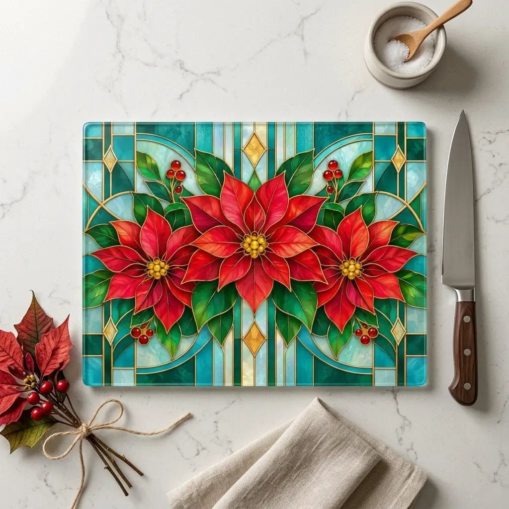 Christmas Poinsettia Glass Cutting Board, Stained Glass Floral Kitchen Decor, Holiday Serving Board, Festive Cooking Gift for Home Chefs