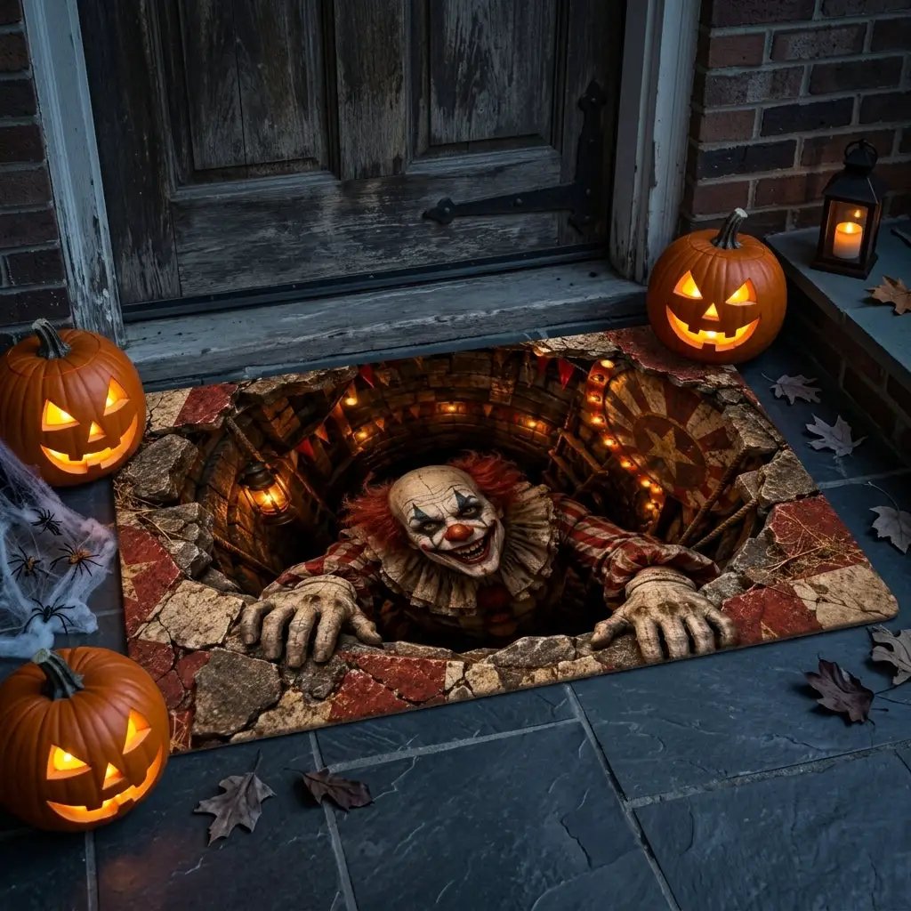 Creepy Clown Halloween Doormat,3D Scary Clown Optical Illusion Mat, Haunted Circus Door Mat, Horror Halloween Porch Decor