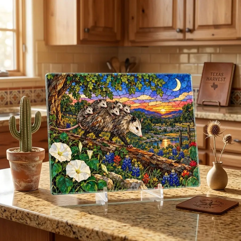 Possum Family Glass Cutting Board, Opossum Mom and Babies Gift, Texas Wildlife Kitchen Decor, Possum Lover Gift, Country Kitchen Art