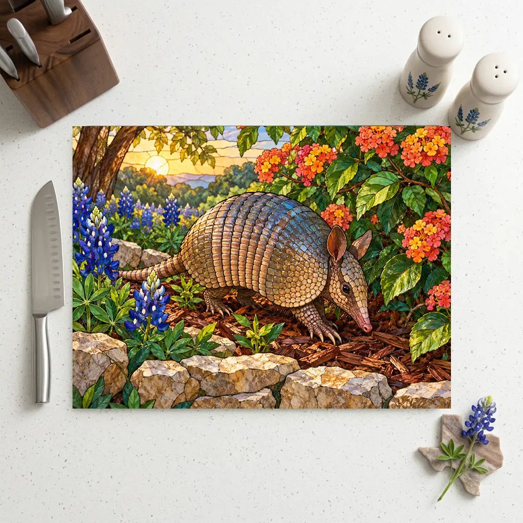 Armadillo Glass Cutting Board, Texas Kitchen Decor, Bluebonnet Armadillo Gift, Stained Glass Style Wildlife Art, Texas Housewarming Gift