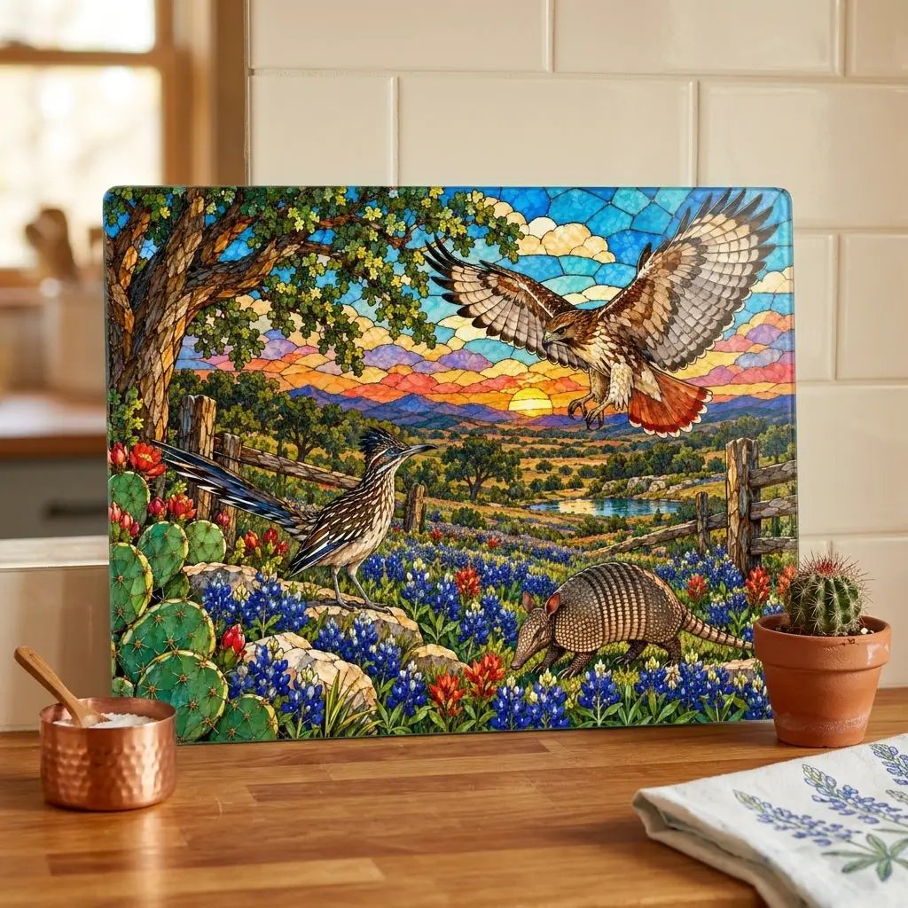Texas Wildlife Glass Cutting Board, Roadrunner, Armadillo, Hawk Art, Bluebonnet Kitchen Decor, Hill Country Gift, Texas Wildlife Decor