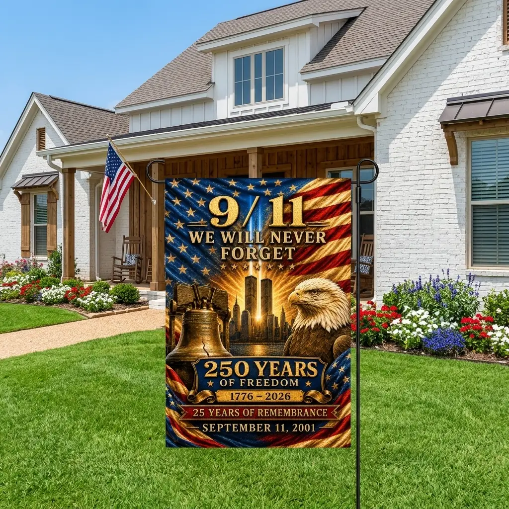 Never Forget 9/11 Double-sided Garden Flag, 250 Years of Freedom, 25 Years of Remembrance, September 11 Memorial, Patriotic Yard Decor