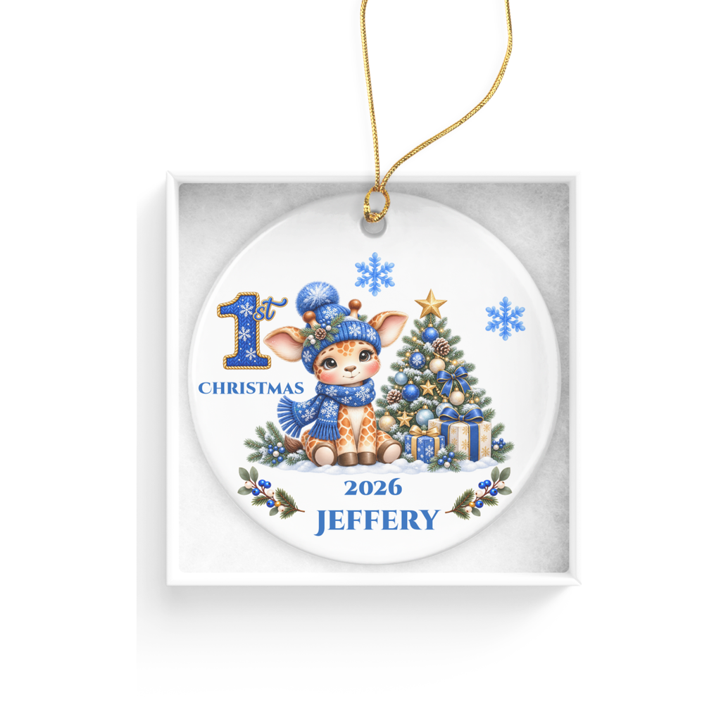 Giraffe Baby Personalized Christmas Ornament, Baby's 1st 2nd 3rd Christmas, Custom Name Year Ceramic Keepsake, Boy or Girl Gift