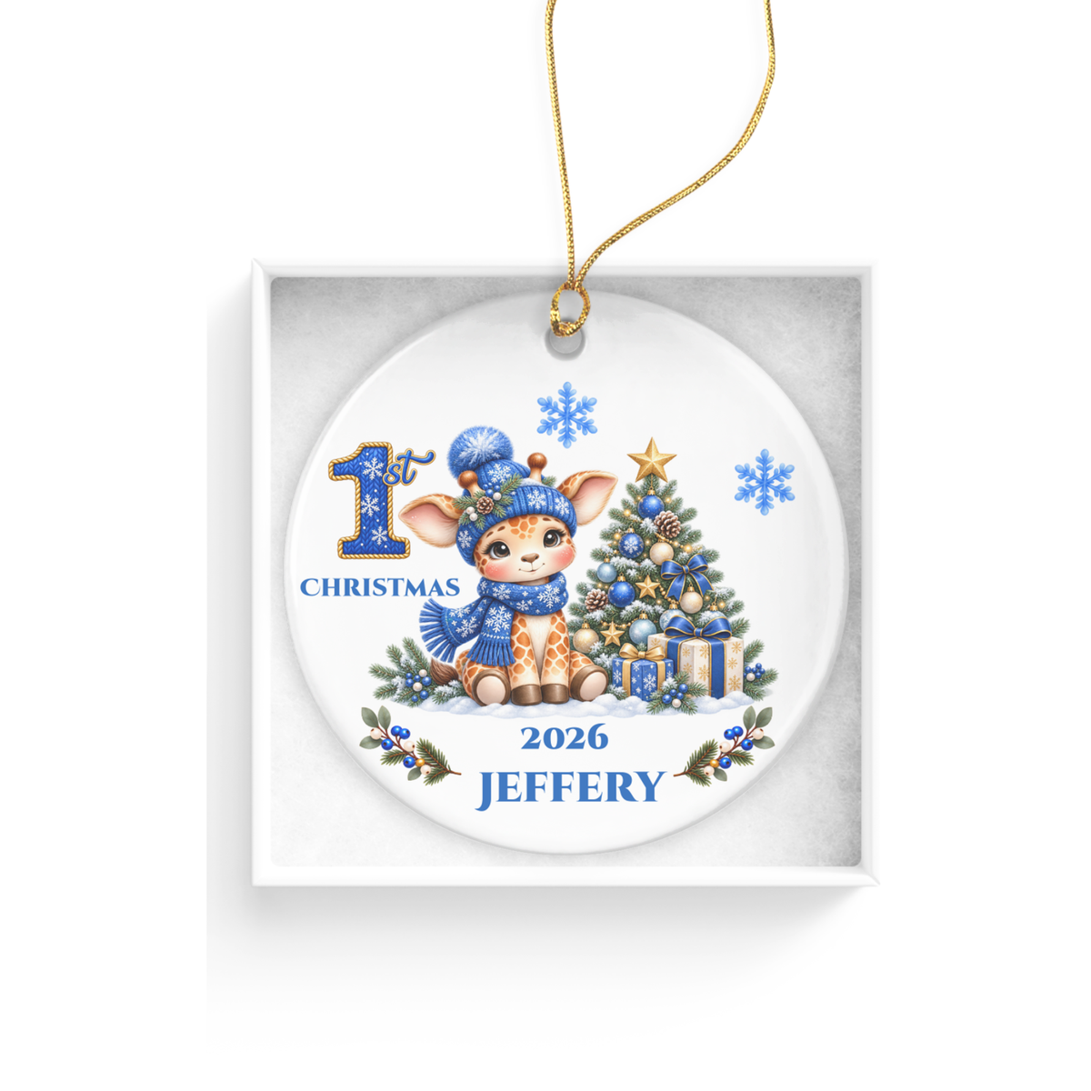 Giraffe Baby Personalized Christmas Ornament, Baby's 1st 2nd 3rd Christmas, Custom Name Year Ceramic Keepsake, Boy or Girl Gift