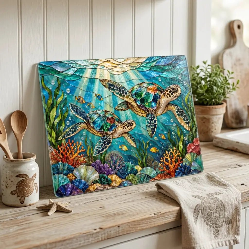 Sea Turtle Glass Cutting Board, Ocean Kitchen Decor, Coastal Chopping Board, Underwater Sea Life Gift, Marine Turtle Kitchen Art Piece