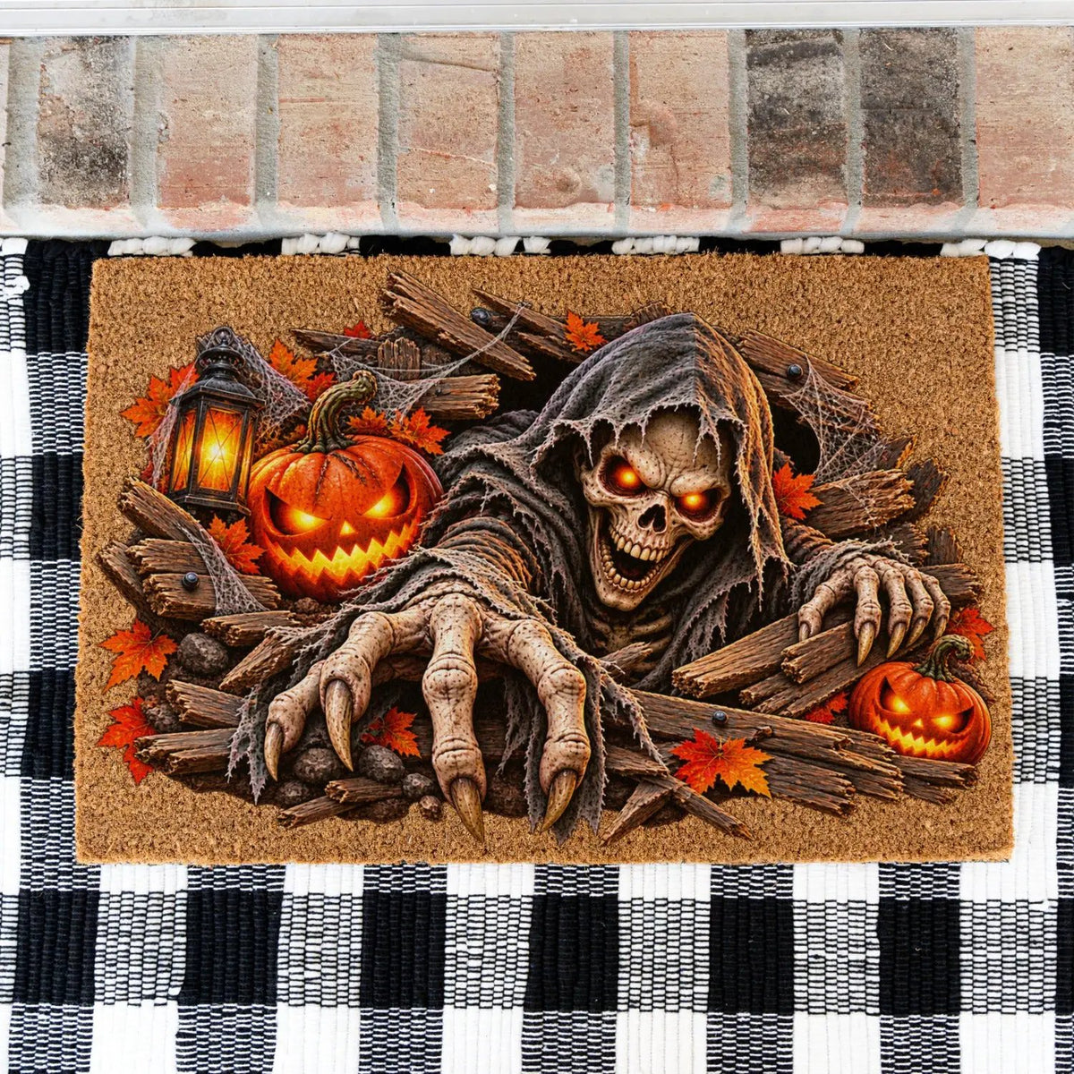 Horror Skeleton Doormat, Grim Reaper Halloween Coir Mat, Creepy Skeleton Welcome Mat, Scary Pumpkin Porch Decor, Haunted Door Mat